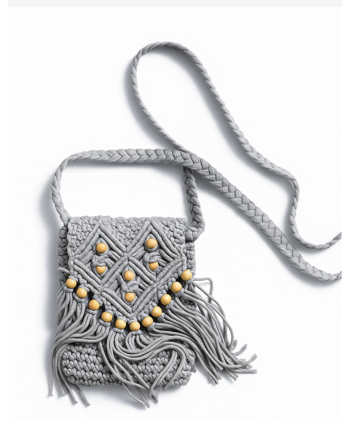 Mini Sac En Macramé Pour Enfants – Gris Avec Perles Bois – Style Bohème Chic