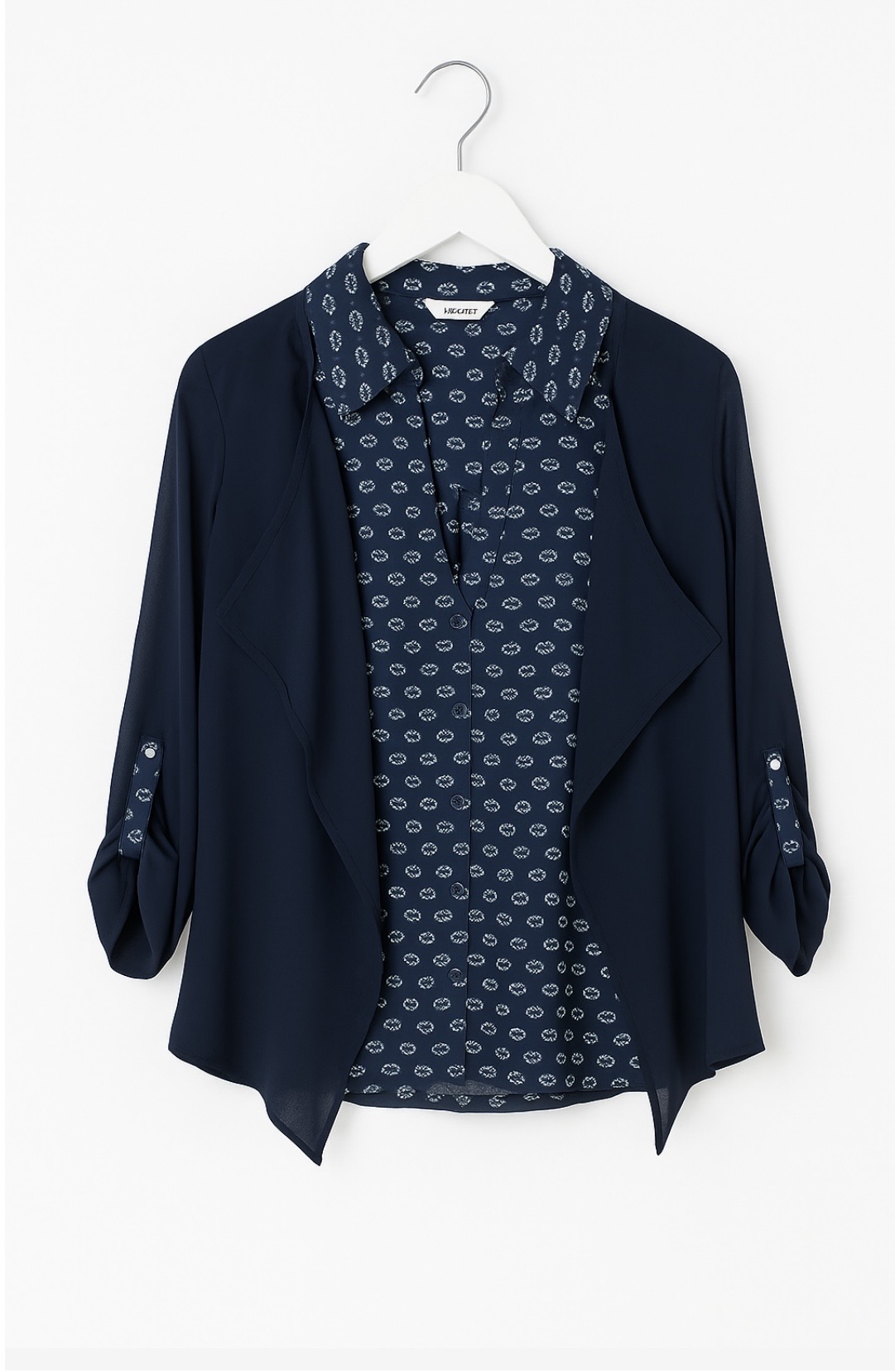 Chemisier Fluide Bleu Marine À Motifs – Élégance Décontractée