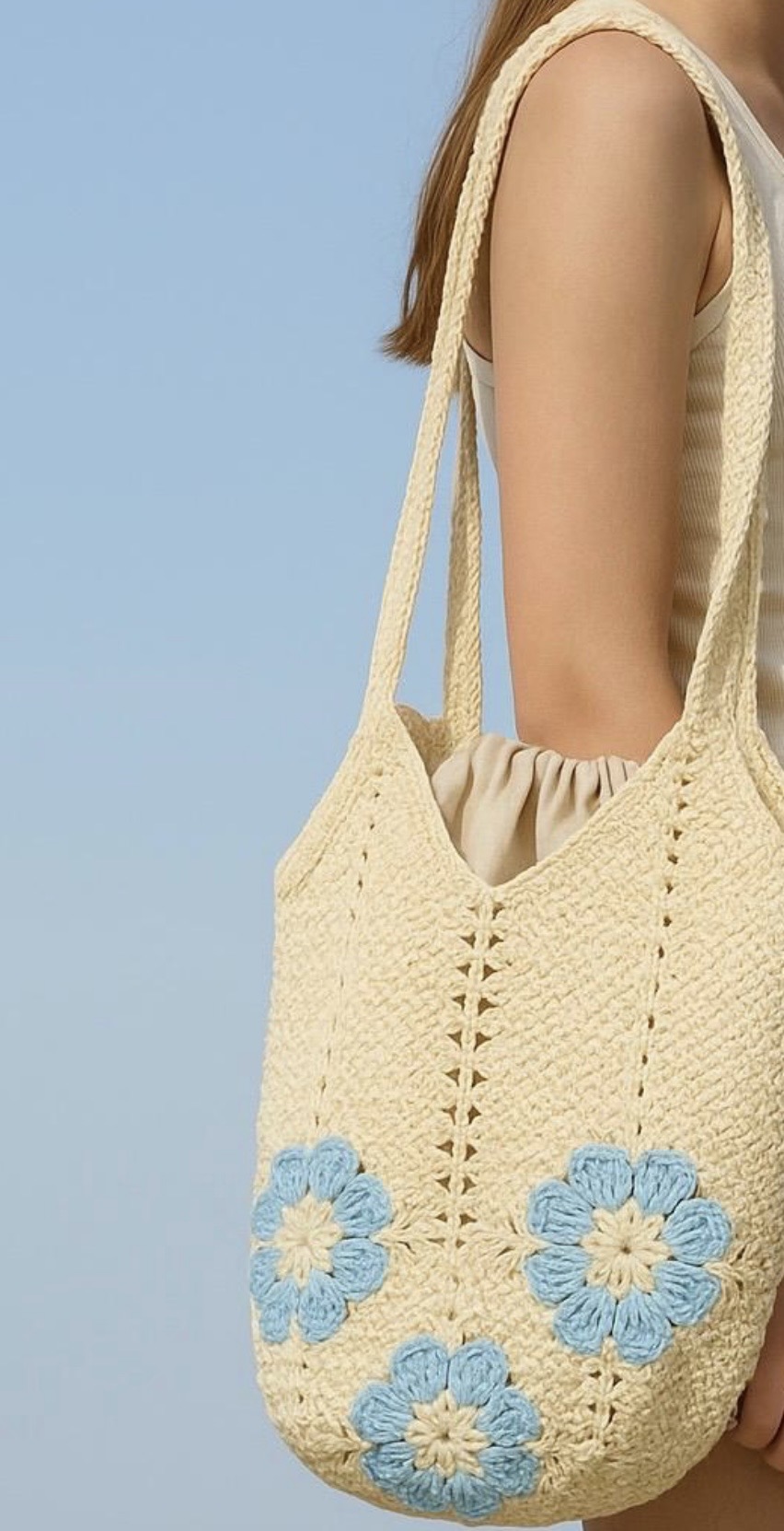 Sac Bohème Au Crochet – Fait Main En Coton – Fleurs Bleues – Pochon Intérieur Intégré